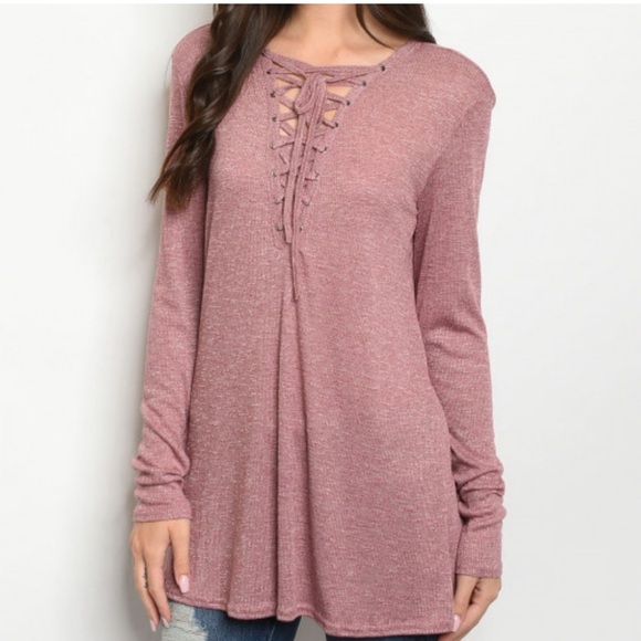 🍁New Fall🍁 Mauve Lace Up Front Mauve Ribbed Tunic Top - Picture 3 of 4